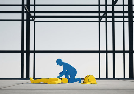 A blue stylized worker administers first aid to a yellow injured colleague at a construction site, emphasizing workplace safety and emergency response.の素材