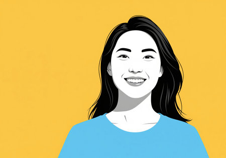 A vibrant minimalist graphic illustration of a joyful young asian woman with a bright, cheerful smile. her long dark hair frames her face, wearing a blue shirt, conveying happiness and positive emotion.の素材