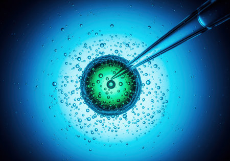 A sharply pointed glass pipette precisely penetrates a spherical green cell, surrounded by numerous small bubbles, illustrating a micro injection procedure for scientific research and development.の素材