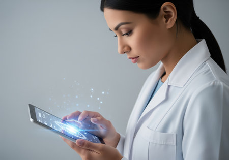 A focused female scientist in a white lab coat interacts with a digital tablet displaying a glowing, futuristic interface, symbolizing innovation and technology in healthcare or research.の素材