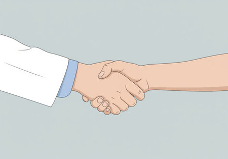 A close up illustration of two hands shaking, one wearing a professional sleeve, representing a deal, greeting, or successful collaboration.の素材