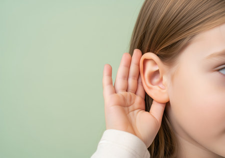 A young girl actively listens, cupping her hand behind her ear to amplify sounds. this image conveys attentiveness, curiosity, and the act of hearing.の素材