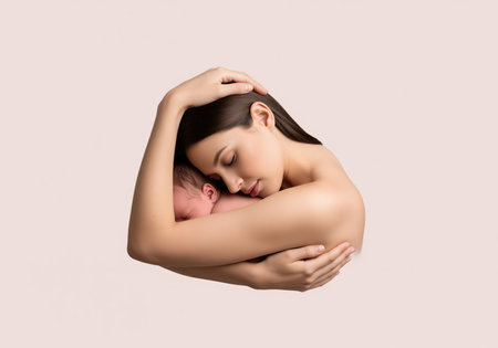 A beautiful and intimate portrait of a mother gently holding her sleeping newborn baby, conveying deep maternal love and connection. ideal for themes of family, care, and new life.の素材