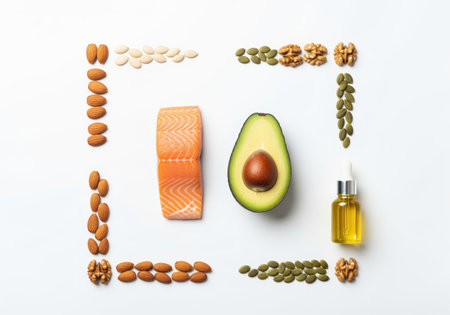 A flat lay display of healthy fats including salmon, avocado, almonds, walnuts, and seeds, highlighting essential nutrients for a balanced diet.の素材
