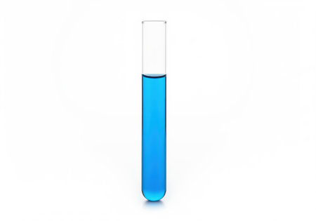 A clear glass test tube holds a vibrant blue chemical solution, representing scientific research, experiments, and laboratory work. ideal for educational or medical themes.の素材