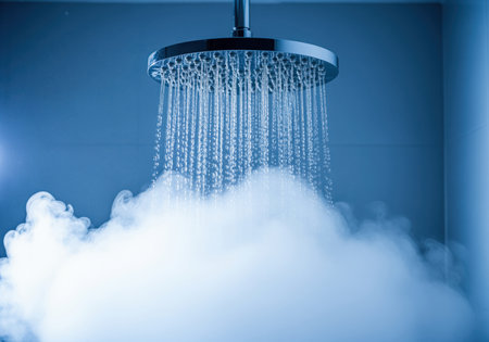 A close up view of a modern chrome shower head actively dispensing water, surrounded by thick, warm steam. this image evokes feelings of relaxation, hygiene, and a refreshing bath experience.の素材