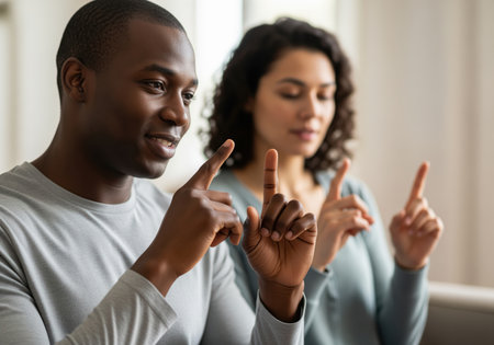 A diverse couple engages in a meaningful conversation using sign language, highlighting connection and understanding. ideal for themes of communication and inclusivity.の素材