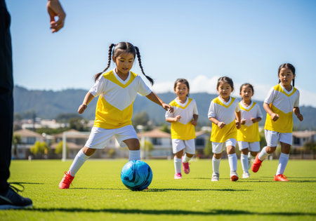 A group of enthusiastic young girls in yellow and white uniforms actively playing soccer on a vibrant green field under a bright sunny sky. ideal for themes of youth sports, teamwork, and healthy activity.の素材