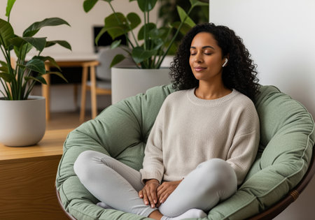 A serene woman with curly hair sits cross legged in a plush green chair, eyes closed, wearing wireless earbuds. she is meditating or listening, embodying peace and mindfulness.の素材