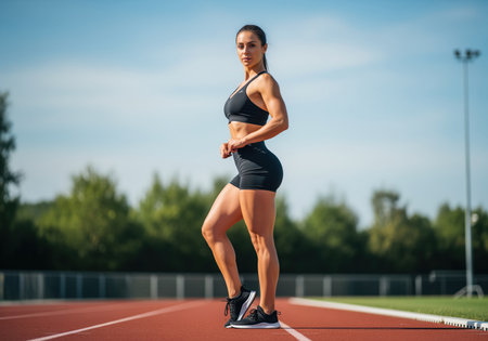 A strong and athletic woman in black sportswear stands confidently in profile on a red running track, showcasing her muscular physique. this image is ideal for fitness, health, and sports related content.の素材