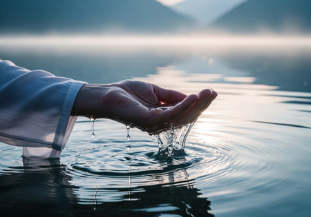 A close up view of a hand gently scooping fresh, clear water from a calm lake, with droplets falling and creating small ripples on the surface.の素材