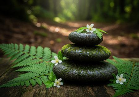 A tranquil stack of three dark grey river stones covered in vibrant green moss, adorned with delicate white flowers and lush fern leaves, evoking balance and natural beauty.の素材