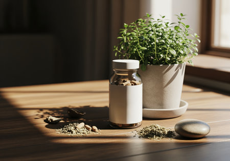 A clear glass bottle of natural herbal supplements is presented on a wooden table, surrounded by a green potted plant and loose dried herbs. it conveys a message of natural wellness and holistic health.の素材