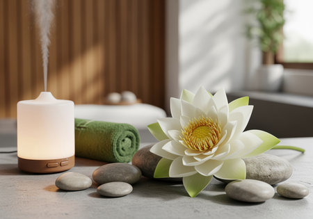 A glowing aromatherapy diffuser emits steam next to a beautiful white lotus flower and smooth spa stones, creating a serene wellness atmosphere.の素材