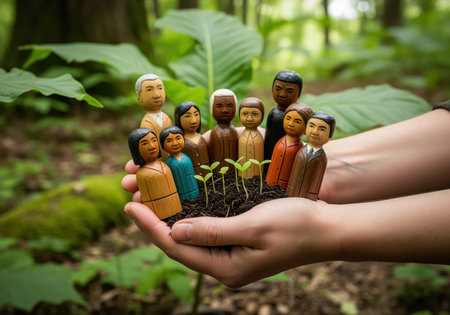Cupped hands cradle a diverse group of wooden people figures alongside small green plant sprouts in soil, representing global community, sustainability, and new beginnings.の素材