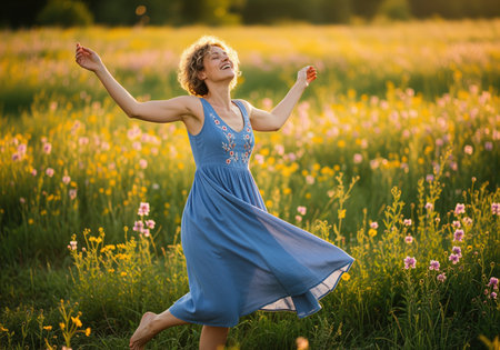 A cheerful woman with short curly blonde hair smiles and dances gracefully in a blooming meadow at sunset, radiating happiness and natural beauty.の素材