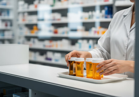 A pharmacist or technician meticulously organizes multiple prescription medicine bottles on a white tray, ready for dispensing at a modern pharmacy counter. this image conveys healthcare efficiency and professional service.の素材