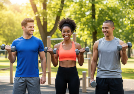 A diverse group of three friends, two men and one woman, happily lifting dumbbells during an outdoor fitness session. ideal for themes of health, friendship, and active lifestyles.の素材