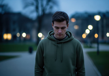 A young man in a green hoodie stands with a contemplative expression, looking down, in an urban park at dusk. this image conveys introspection and solitude.の素材