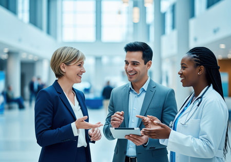 A diverse group of healthcare and business professionals are smiling and engaging in a discussion in a bright, modern hospital lobby. they are collaborating on a tablet, symbolizing teamwork and innovation in a medical setting.の素材