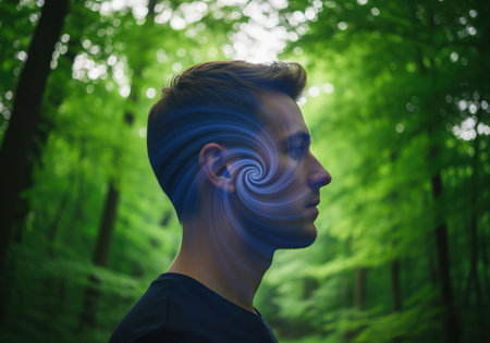 A conceptual image showing a young man profile with a vibrant blue spiral emanating from his head, symbolizing deep thought, focus, or mental energy.の素材