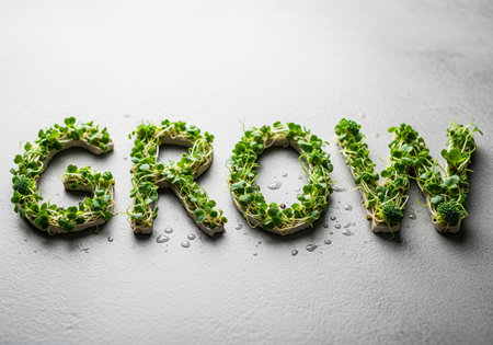 The word GROW is creatively spelled out with fresh, vibrant green sprouts and microgreens. this image symbolizes growth, nature, and healthy living, ideal for themes of development and sustainability.の素材