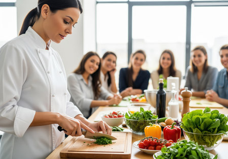 A professional female chef in a white uniform chops fresh herbs on a wooden board, demonstrating healthy cooking to a group of women in a bright kitchen. this image is ideal for culinary education and healthy lifestyle content.の素材