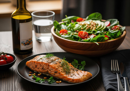 A delicious and healthy dinner featuring a perfectly grilled salmon fillet, a vibrant green salad with avocado and tomatoes, served with a bottle of wine and water.の素材