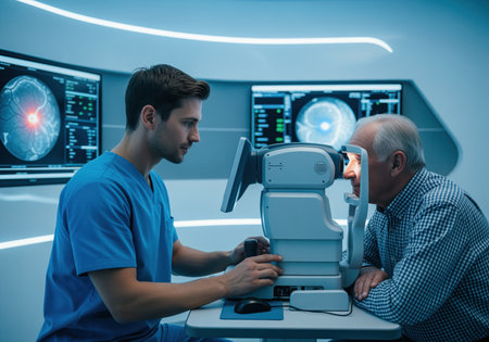 A male ophthalmologist in blue scrubs operates an advanced digital retinal scanner on an elderly male patient eye. this depicts modern eye care and diagnostics in a high tech clinic.の素材