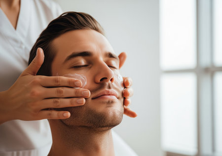 A young man with closed eyes experiences a calming facial massage, as a professional applies cream to his face, promoting relaxation and skin health.の素材
