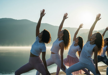 A group of diverse women perform sun salutations yoga by a serene lake at sunrise. they are stretching their arms upwards, embodying wellness and peaceful morning exercise.の素材