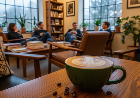 A close up of a delicious artisanal latte with intricate foam art in a green ceramic cup, accompanied by roasted coffee beans on a rustic wooden table. perfect for cafe menus or cozy lifestyle content.の素材