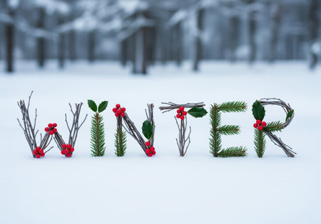 The word WINTER is creatively spelled out using natural elements like twigs, pine branches, and red holly berries on a bed of fresh white snow. this festive arrangement evokes the beauty of the cold season.の素材