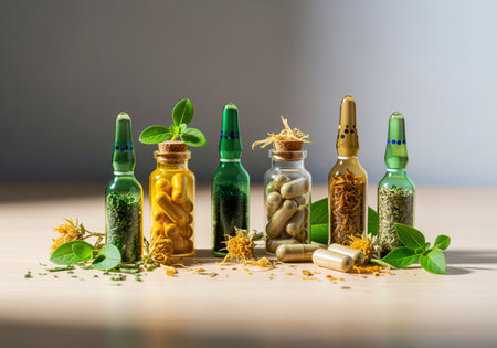 An elegant display of natural health supplements and herbal remedies in various glass bottles and ampoules, with loose botanical elements, symbolizing holistic wellness and alternative medicine.の素材