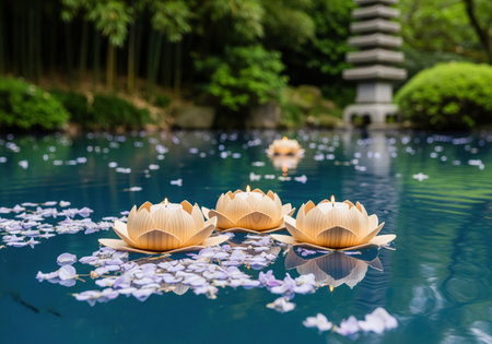 Three beautiful lotus flower lanterns with lit candles gently float on a serene blue water surface, surrounded by delicate purple petals, evoking peace and tranquility.の素材