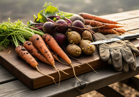 A vibrant assortment of freshly harvested organic carrots, beets, and potatoes displayed on a rustic wooden cutting board, ready for cooking.の素材