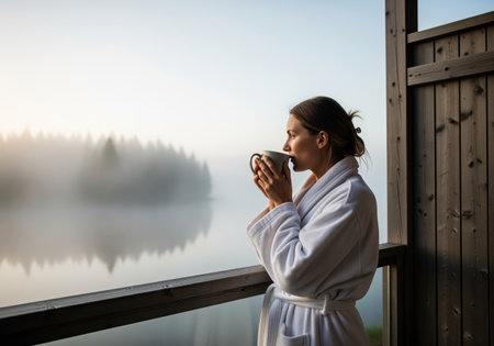 A tranquil lifestyle photograph captures a woman wrapped in a fluffy white robe, sipping from a mug on a private balcony. she enjoys a peaceful morning moment.の素材