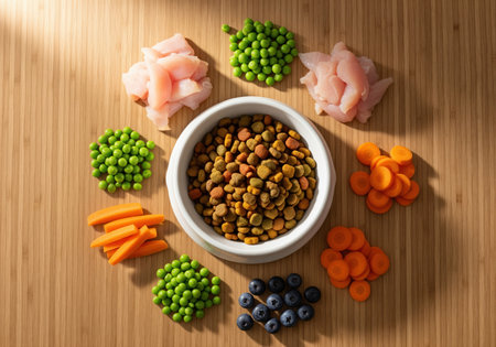 Overhead flat lay of a pet food bowl filled with kibble, complemented by piles of fresh chicken, peas, carrots, and blueberries for healthy nutrition.の素材