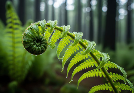 A close up view of a fresh, vibrant green fern frond slowly unfurling in a natural forest setting, adorned with sparkling dewdrops. represents new life and nature.の素材