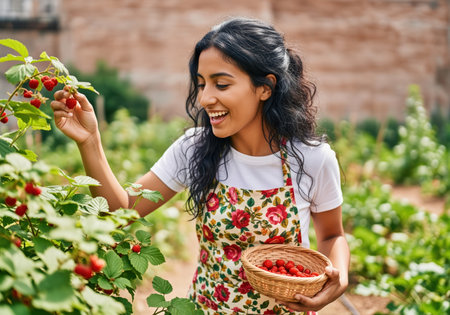 A joyful young hispanic woman with dark hair smiles while harvesting ripe raspberries from a lush bush. she holds a basket filled with fresh berries, embodying healthy eating and sustainable living.の素材