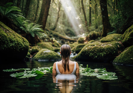 A woman from behind is enjoying a peaceful outdoor bath in a secluded natural rock pool. sunlight filters through the dense forest canopy, illuminating lush greenery and mossy rocks, evoking tranquility.の素材