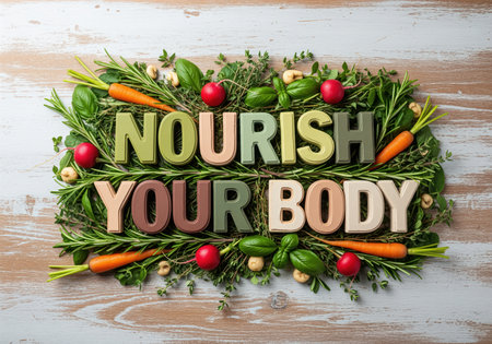 A vibrant flat lay displays nourish your body text surrounded by fresh rosemary, basil, thyme, carrots, and radishes, promoting healthy lifestyle and nutrition.の素材