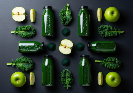 A vibrant flat lay showcasing emerald green detox smoothies in bottles, surrounded by fresh kale leaves and crisp green apples. perfect for health, wellness, and nutrition content.の素材