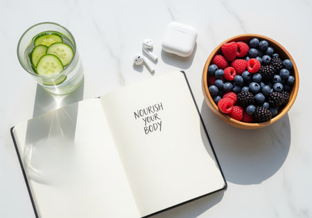 A vibrant flat lay showcasing a healthy lifestyle with a bowl of fresh berries, refreshing cucumber water, and a journal with a motivational message. perfect for wellness and self care themes.の素材