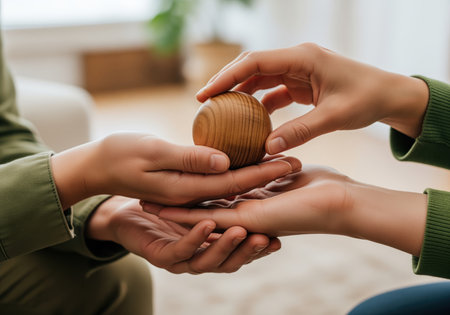 Two pairs of hands are shown in a close up, one gently passing a smooth, polished wooden sphere to the other. this interaction symbolizes giving, receiving, support, and human connection.の素材