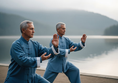 Two senior men in traditional blue uniforms perform tai chi movements with focus and tranquility by a serene lake, promoting health and mindful living.の素材