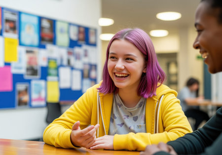 A candid shot of a cheerful teenage girl with vibrant purple hair, laughing heartily while engaged in conversation. her bright expression conveys joy and connection, perfect for themes of youth and friendship.の素材