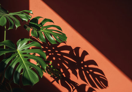 Lush green monstera leaves cast striking shadows on a warm terracotta wall, creating a vibrant and natural aesthetic. ideal for home decor, plant care, or tropical themes.の素材