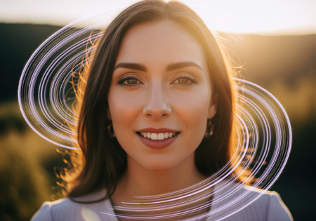 A confident young woman with a serene smile looks directly at the camera, surrounded by glowing abstract energy lines, symbolizing thought, connection, or innovation.の素材