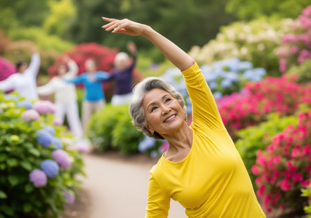 A happy senior asian woman with grey hair smiles brightly while stretching her arm during an outdoor exercise session. she embodies a healthy and joyful retirement lifestyle.の素材